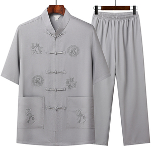 T202P42主推中老年唐装套装爸爸装风居士服汉服爷爷短袖套装图片