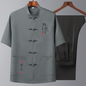 T208P55汉服爷爷太极服爸爸装风棉麻套装夏季刺绣唐装居士服图片