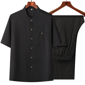 T207P85风棉麻中老年套装爸爸装唐装居士服汉服爷爷短袖衣服,吊带的裙子搭配什么衣服图片