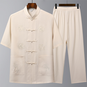T202P42爸爸装风居士服汉服爷爷短袖套装中老年唐装两件套图片