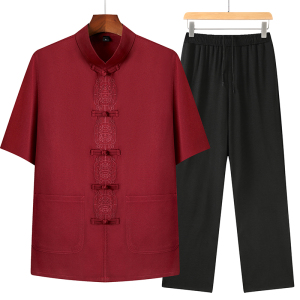 T209P42风棉麻套装刺绣x夏季唐装居士服汉服爷爷太极服爸爸装图片