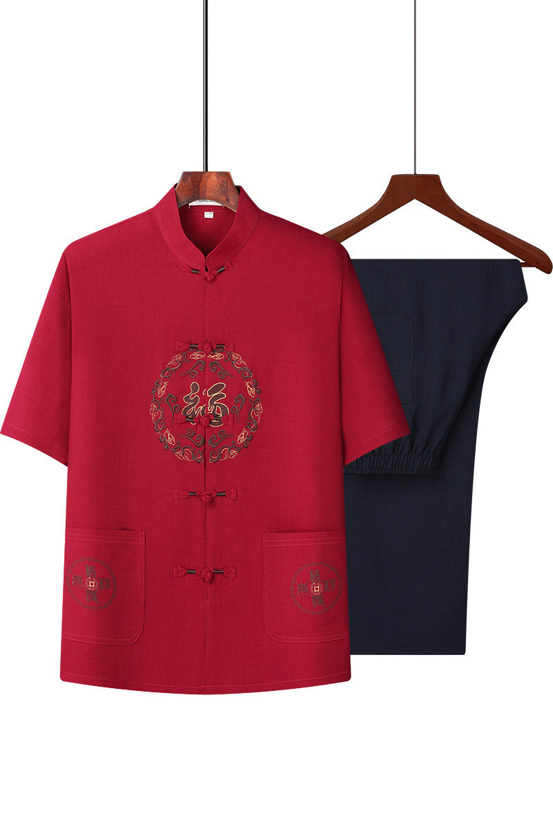 T222P80风爸爸装冰丝中老年套装唐装居士服汉服爷爷短袖衣服,男装民族服装,星座1108-2