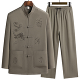 C216P48爸爸装太极服秋季长袖棉麻套装风盘扣宽松唐装爷爷装，男装民族服装，星座1108-2