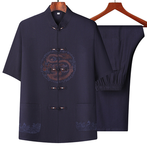 T225P85风爸爸装冰丝中老年套装唐装居士服汉服爷爷短袖衣服图片