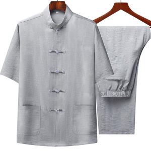 T227P100风爸爸装冰丝中老年套装唐装居士服汉服爷爷短袖衣服图片