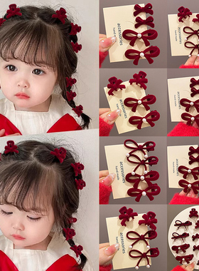 儿童新年红色丝绒蝴蝶结小发夹女刘海侧边马尾编发公主鸭嘴夹头饰