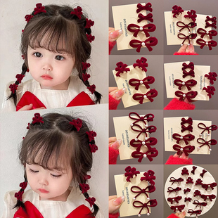 儿童新年红色丝绒蝴蝶结小发夹女刘海侧边马尾编发公主鸭嘴夹头饰