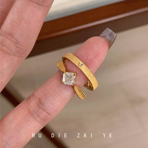 库宁 中古vintage拉丝金色方糖锆石戒指女高级感轻奢小众开口戒