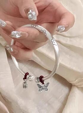 正品南瓜开口纯银古风多福蝴蝶手镯女S999足银镯子送女友老婆礼物