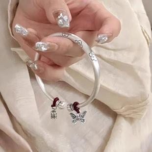 正品南瓜开口纯银古风多福蝴蝶手镯女S999足银镯子送女友老婆礼物