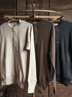 恶犬BRONSON复古长袖重磅坑条螺纹亨利领T恤宽松落肩纯棉打底衫