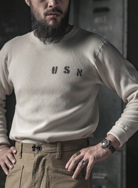 恶犬BRONSON重磅华夫格长袖T恤打底衫USN复古圆领长袖纯色秋衣