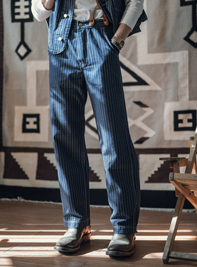 NON STOCK 1920s WABASH拔印波点铁路工装长裤 直筒牛仔裤子