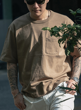 NON STOCK重磅加厚全棉宽松落肩短袖T恤CITY BOY大地素色口袋TEE