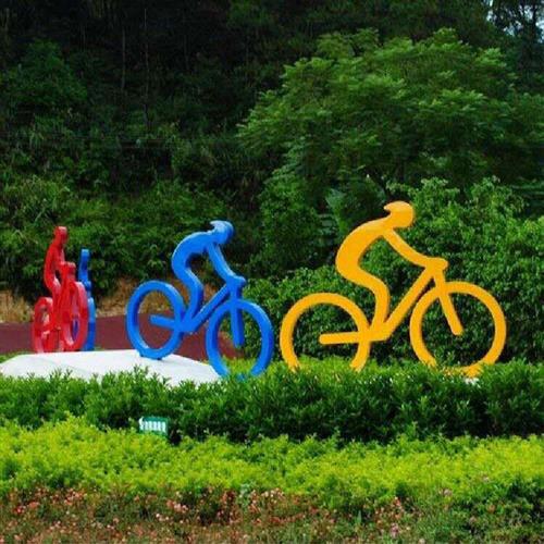 玻璃钢运动骑车造型雕塑几何彩绘铁艺自行车小区广场公园体育摆件