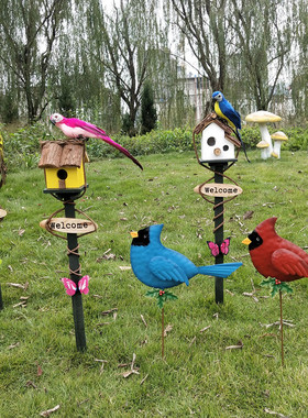 鸟窝鹦鹉木质插件田园庭院摆件