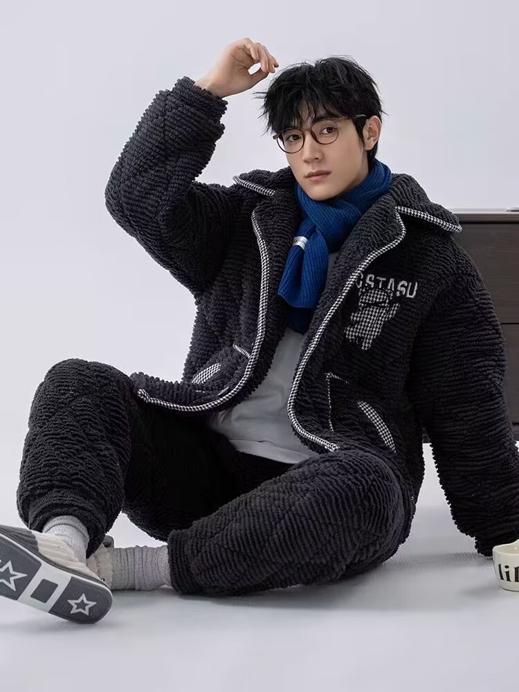 三层夹棉睡衣男士秋冬季加厚加绒珊瑚绒开衫超厚保暖法兰绒家居服