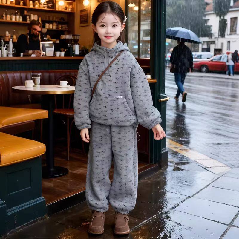 女童秋冬套装2026新款洋气时髦儿童碎花加绒休闲运动卫衣卫裤套装