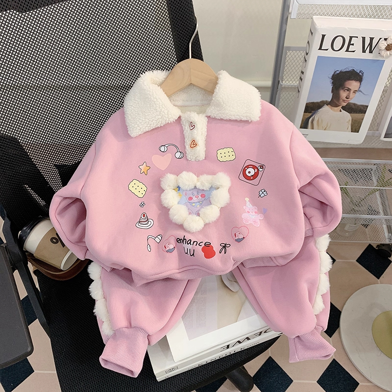 女童加绒套装秋冬款2025新款洋气宝宝冬装儿童卫衣裤子两件套冬季