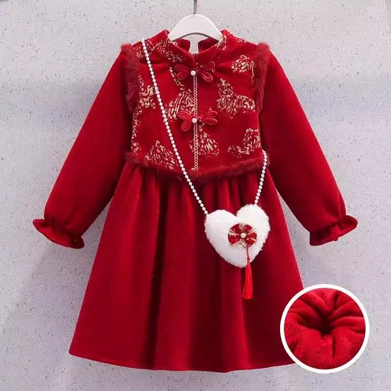 女童加绒新年拜年服2025新款儿童冬装国风连衣裙女孩旗袍汉服裙子