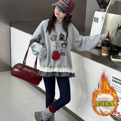 女童卫衣2025新款秋冬季加绒加厚中大儿童秋装女孩洋气上衣中长款