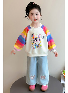 女童春秋卡通彩虹袖宽松卫衣