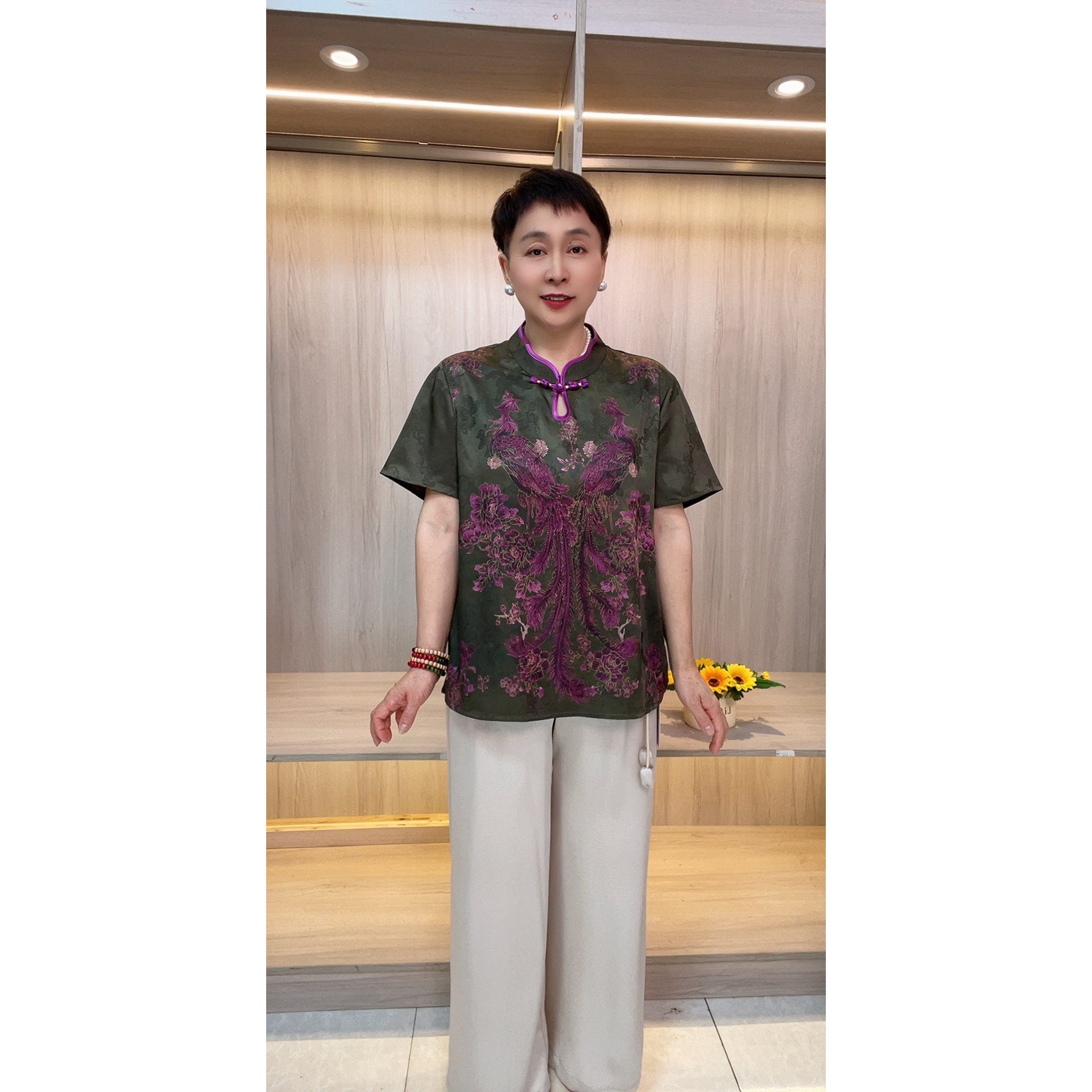 夏季新款中老年女装正统旗袍领妈妈装国风气质百搭女款小衫6022-3