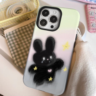 简约iPhone14二合一菲林适用15plus卡通晕染油画苹果12/13星星黑兔16promax趣味小众iphonex防摔保护手机壳xr