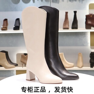 COMELY康莉2025高跟粗跟尖头V口侧拉链骑士靴长靴子女靴KYQ28612