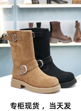 COMELY康莉2025冬季复古真皮机车靴厚底骑士靴皮带扣短靴KKF48950