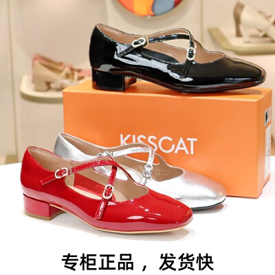 接吻猫低跟牛漆皮玛丽珍鞋单鞋