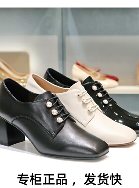 COMELY康莉2026新款方头粗跟珍珠扣深口真皮鞋女鞋单鞋KYQ56510