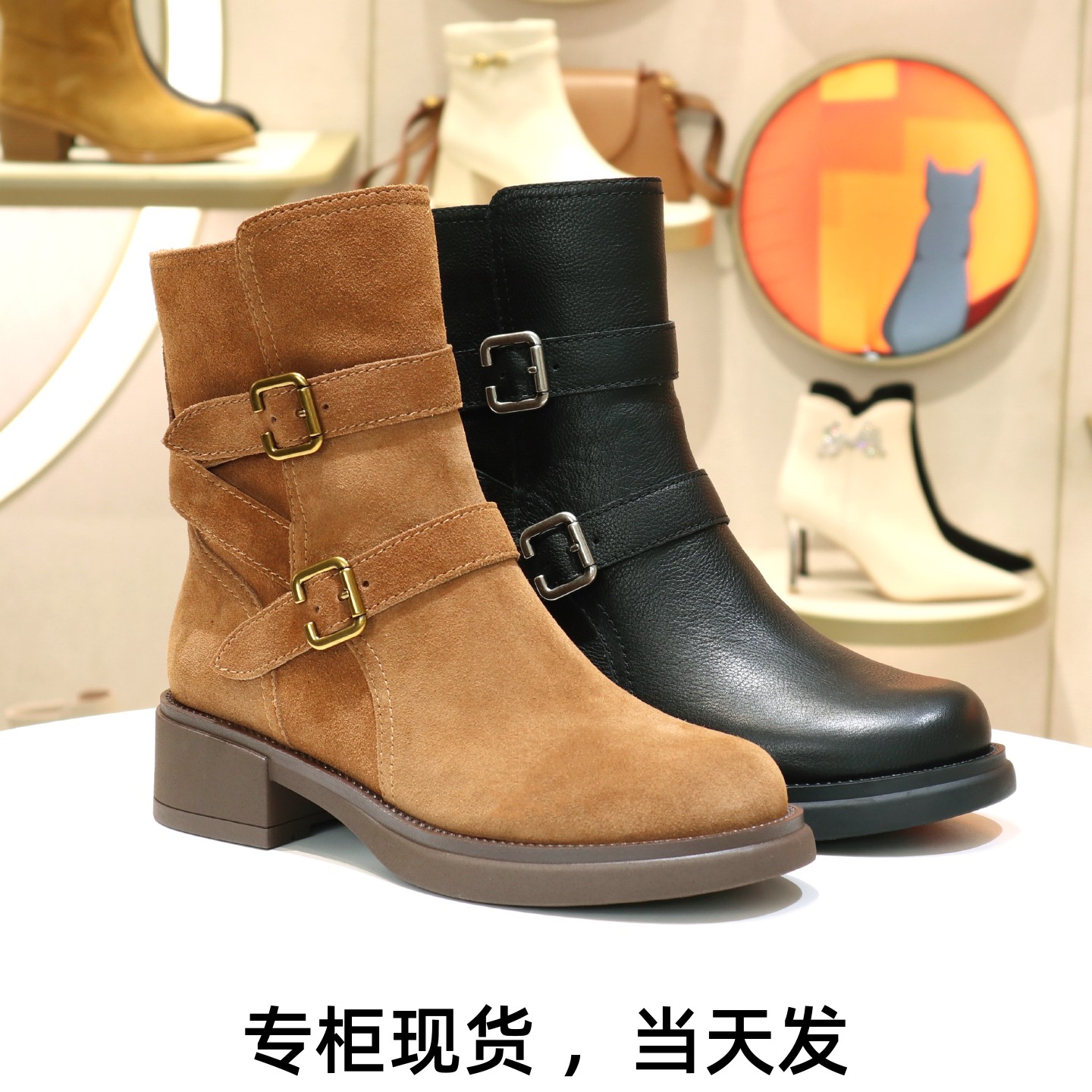 接吻猫增高皮带扣机车靴工装靴女