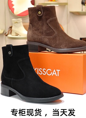 KISSCAT接吻猫2025粗跟方头侧拉链时装靴瘦瘦靴女靴子KA65701-51