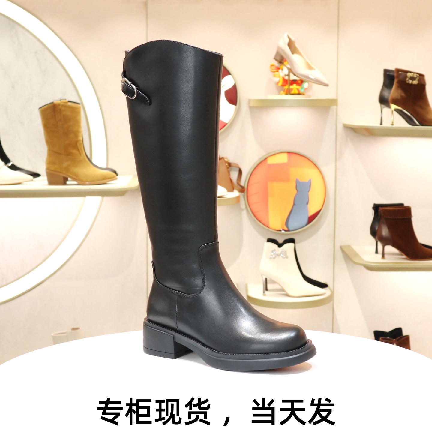 接吻猫粗跟真皮圆头长筒靴骑士靴