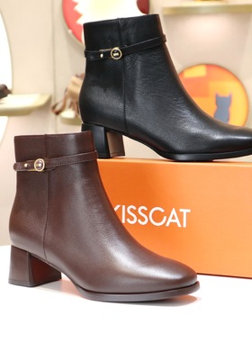 KISSCAT接吻猫2025方头粗跟中跟侧拉链时装靴短靴裸靴KA65720-13