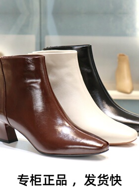 COMELY康莉2025粗跟方头真皮后拉链时装靴短靴裸靴女靴子KYQ58653