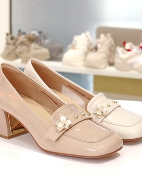 COMELY康莉2026新款方头粗跟金属水钻花饰乐福鞋单鞋女鞋KYQ61066