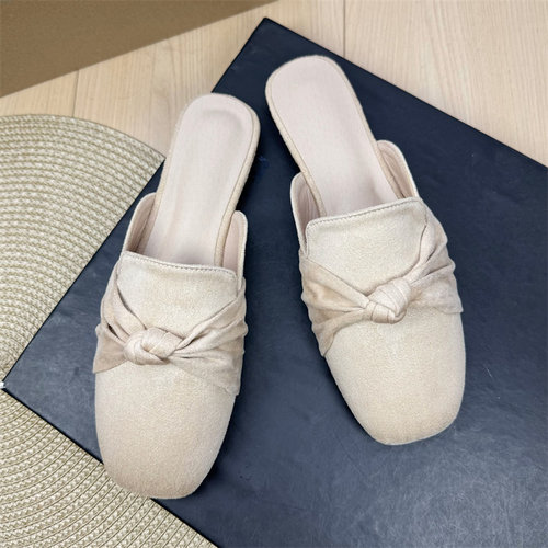 方头半拖绊带蝴蝶结平底穆勒鞋