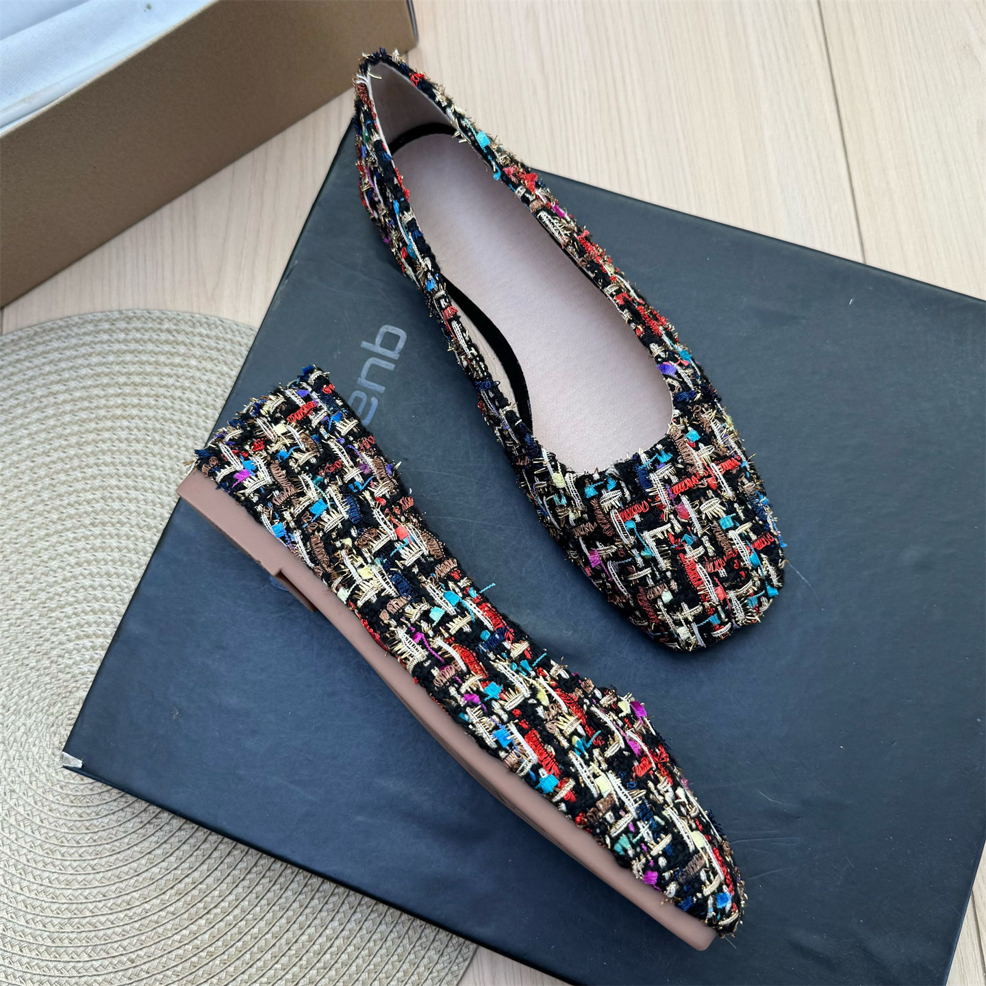 法式仙女风浅口一脚蹬拼色平底鞋