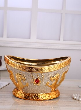 土豪金电镀元宝型（双龙戏珠）图案陶瓷花盆