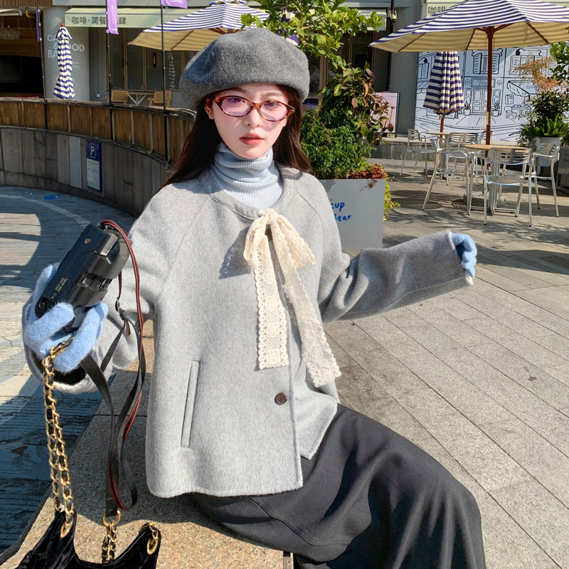 2025秋冬新款韩系双面羊绒大衣女小个子短款蕾丝系带羊毛呢外套女