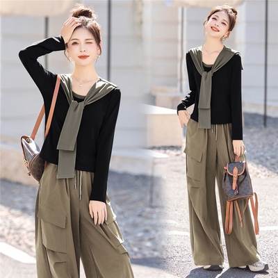 休闲时尚针织披肩套装女2025春秋新款设计感气质工装阔腿裤两件套
