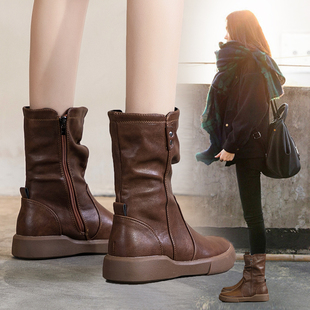 春秋单靴英伦风平底加绒厚底骑士瘦瘦靴中筒靴子 马丁靴女2024新款
