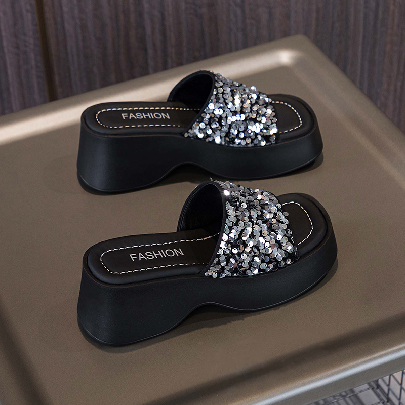 厚底凉拖鞋女内增高7CM亮片露趾凉鞋坡跟显白一字拖休闲鞋2025夏