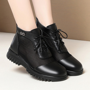 软皮粗跟网靴女春夏新款 镂空短靴子 妈妈凉鞋 透气网纱凉靴中跟大码