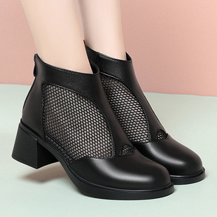 新款 夏季 网靴女中跟软皮镂空短靴粗跟凉鞋 低跟鱼嘴网纱凉靴妈妈鞋