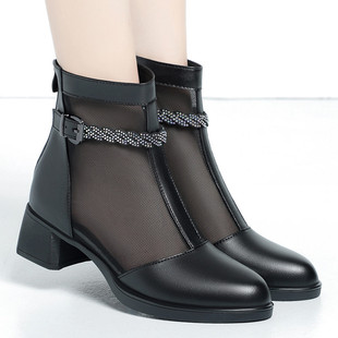 夏季 女网靴软皮透气网纱短靴中跟镂空凉靴粗跟软底凉鞋 妈妈鞋 大码