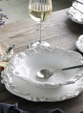 MY家 - 意大利 Elios Myflower 花边浮雕 亮白釉 餐盘沙拉盘/汤碗