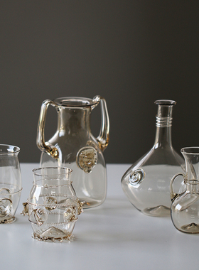 MY家 - 捷克产 手工森之玻璃 烟灰色 中世纪风动物雕浮雕璃杯酒瓶